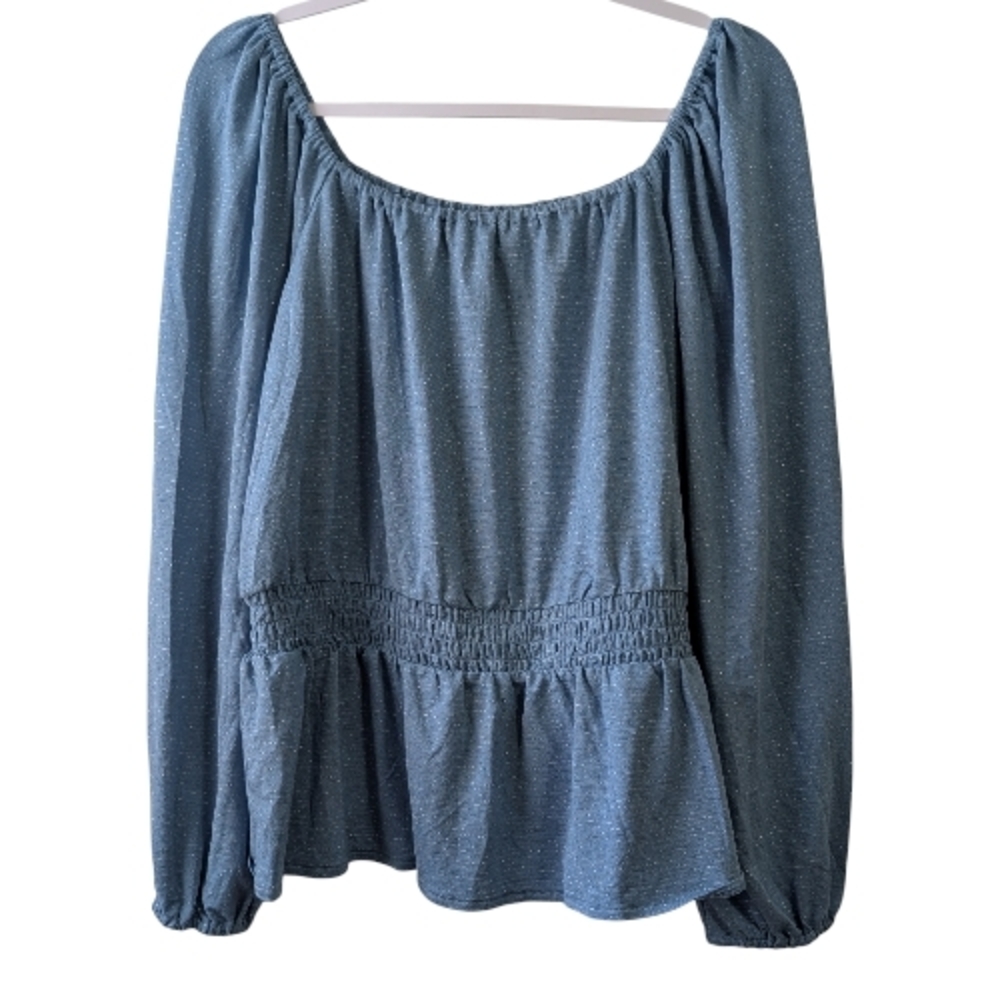 LC LAUREN CONRAD WOMEN'S SCRUB BLUE SMOCKED PEPLUM-HEM BLOUSE SIZE XL